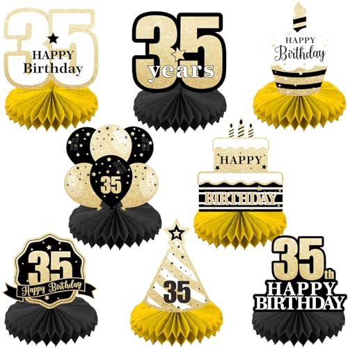 BECKTEN Happy 35th Birthday Black Gold Honeycomb Centerpieces - 8 Pieces, 8.2