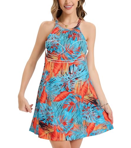 Image of ANYFITTING Summer Dress with Built in Bra Casual Beach Sundress Flowy Halter Mini Short Dresses for Women 2026