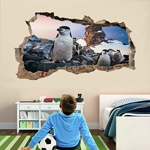 3D Wall Decor Stickers Penguin Wall Stickers 3D Smashed Wall Mural Decals Marine Life Wall Vinyl Art Family For Kids Bedroom Living Room Nursery Home Wall Décor 30 X 18 Inch #TOP2