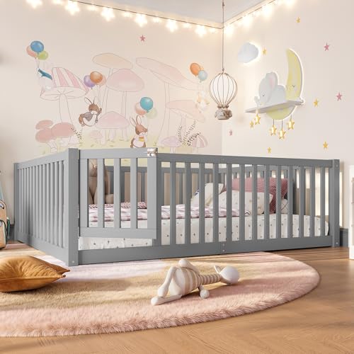 Image of Bellemave Full Size Kids Montessori Floor Bed with Door,Solid Wood Floor Bed Frame with High Fence for Girls,Boys,Gray