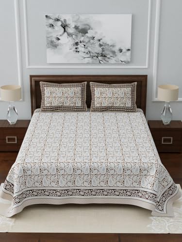 Image of Living Roots Ethnic Rajasthani /Jaipuri /Sanganeri Block Print 100% Cotton Super King Size 100 * 108 Bedsheet with 2 Pillow Covers (53B)