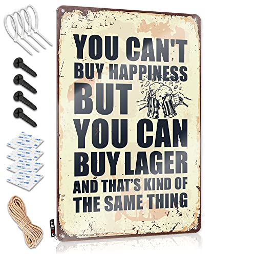 Letrero de metal de la cueva con frase divertida sobre la felicidad y la cerveza 2