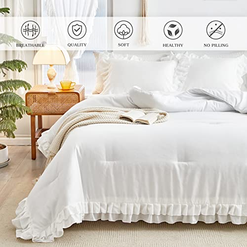 White Ruffled Comforter Set King Size, 3 Pieces (1 Ruffled Comforter Set And 2 Pillowcases) Farmhouse Shabby Chic Style With 2 Layers Ruffle, Solid Color Lightweight Fluffy Bedding Sets For All Season #TOP2