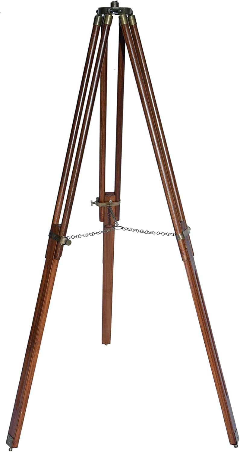 The Vintage Venue Vintage Brass Telescope – 27" Black Leather Spyglass on 47" Floor Standing Wooden Tripod – Antique Finish Nautical Decor with 42X Magnification – Home & Office Display