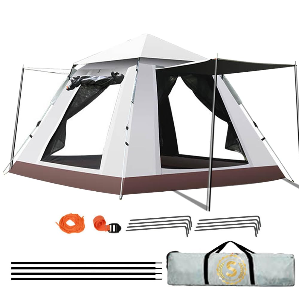 Instant Pop-up Camping Tent, Waterproof Family Dome Tent, Family Full Size Tent with Removable Rain Fly, 2 Mesh Windows, 2 Zipper Doors and Carry Bag, Portable Awning for Hiking (White, S)
