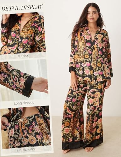 Image of Arssm Satin Pajama Set for Women Silk Pajamas Set 2 Piece Floral Pj Set Long Sleeve Button Down Pjs Sleepwear