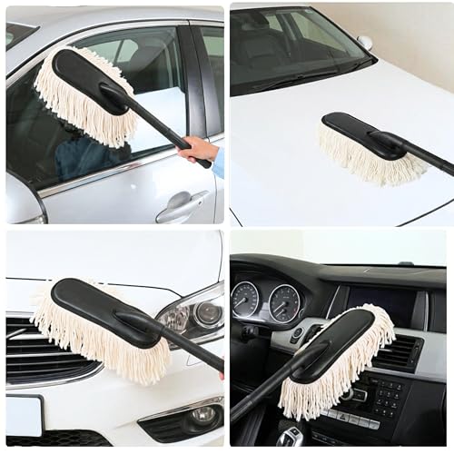 Image of Premium Soft Fiber Car Duster Brush Set with Dashboard & Air Vent Cleaning Brush | Scratch-Free Car Interior & Exterior Dust Cleaner for Car (Pack of 2) (White Car Duster + Brush)