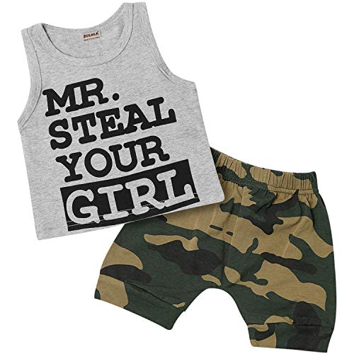 ZOEREA Bebe Niño Verano Ropa Conjuntos, Algodón Imprimiendo Cartas Sin Mangas Camiseta + Pantalones Cortos de Camuflaje Niños Conjunto de Trajes Gris, Etiqueta 80