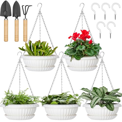 Hanging Planters, 5 Pcs 11' Hanging Pots, White Hanging Flower Pots, Hanging Plant Pots Baskets for...