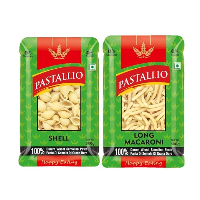 Image of Pastallio Shell & Long Macaroni Rigati Pasta | 500g x 2packs (1kg) | Made of 100% Durum Wheat Semolina (Suji)