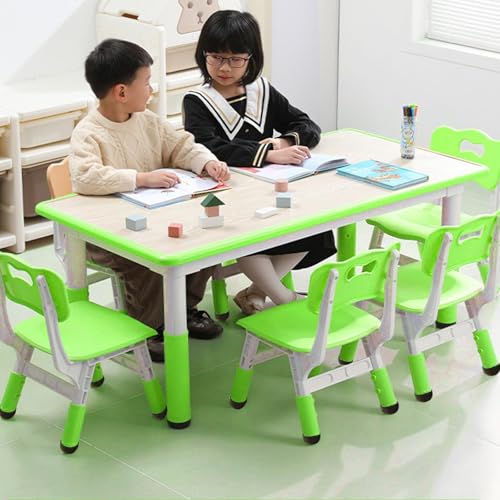 Image of Adjustable Kids Table & 6 Chairs Set - Easy-to-Clean Graffiti Desktop, Non-Slip Legs, Perfect for Arts & Crafts, Playroom, Study Area, Daycare, or Home Use - Lake Blue