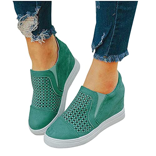 Xudanell Womens Sneakers Mesh Wedge Inner Heighten Chunky Round Toe Slip On Casual Fashion Dressy Loafers Sneaker for Women Green