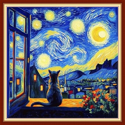 Image of Joyhoor Cross Stitch Kits for Beginners Stamped Cross-Stitch Supplies Needlework preprint Embroidery Kits for Adults DIY Needlepoint Kits Embroidery Patterns 11CT-Cat Watch Van Gogh Stars 18x18 inch