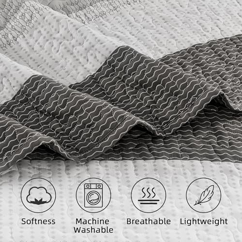 Image of Andency Queen Quilt Bedding Set Dark Grey, 3 Pieces Patchwork Summer Striped Ultra Soft Lightweight Bedspreads, Coverlets Set with 2 Pillow Shams for All Seasons (90 inchx96 inch)