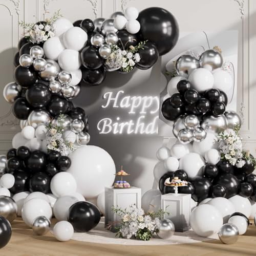 Image of Black and Silver Balloons Arch Kit 155Pcs 18 10 5 Inch | Black White Different Sizes Latex Metallic Silver Balloon Garland for Birthday Anniversary Graduation Party Decorations