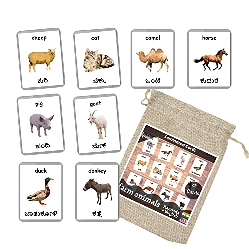 Image of Kannada English Bilingual Flash Cards | Montessori Cards | Laminated Flash Cards | Early Education (Farm Animals - 27 Cards)