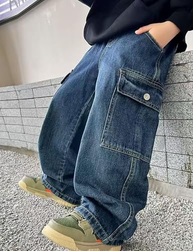 Boy's Baggy Jeans Y2k Elastic Waist Pull On Denim Pants Straight Wide Leg Jeans for Kids 6-14 Years4