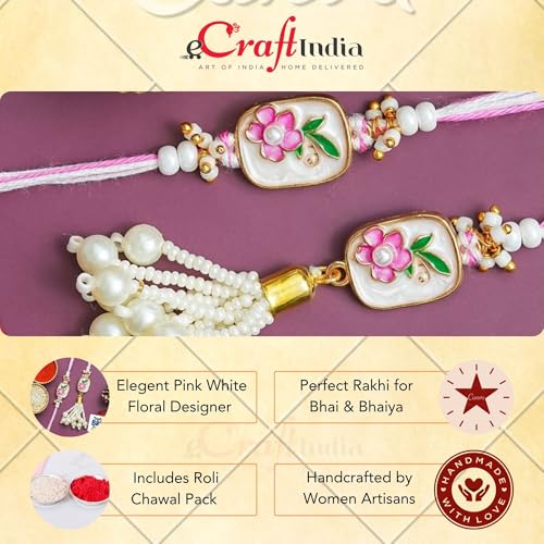 Image of eCraftIndia Pink White Floral Designer Bhaiya Bhabhi Rakhis with Best Bro Ever Fridge Magnet | Set of 2 Rakhi for Brother and Bhabhi | Lumba Rakhi | Roli Chawal Pack
