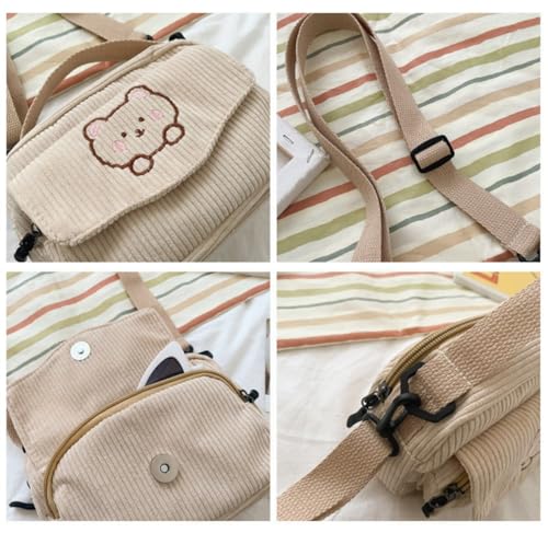 Corduroy Crossbody Bag for Women Cute Bear Patterned Crossbody Bag Kawaii Purse Bag3