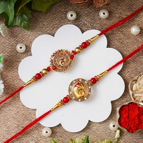 Image of eCraftIndia Multicolor Kundan Designer Rakhis for Brother and Bhabhi | Bhaiya Bhabhi Rakhi Set of 2