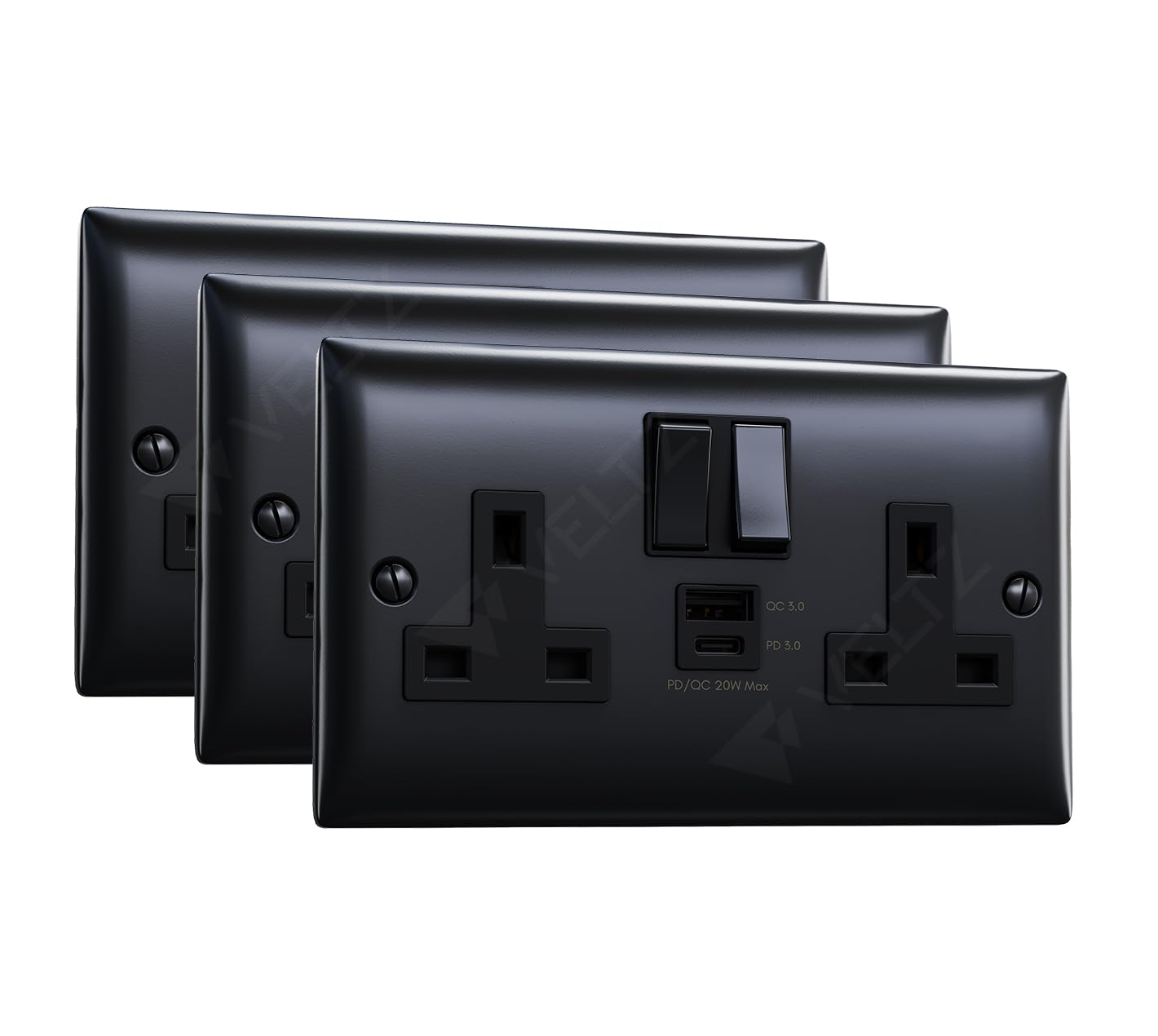 USB C Socket | 20W PD/PPS USB C & 18W QC 4.0 USB A | Super Fast Charging | VELTZ Pro | Double Plug Wall Socket 13A 2 Gang | Black Steel