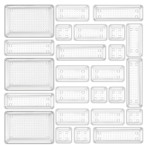 ZOUFRIDN 25 Pack Desk Drawer Organizer Trays, Kitchen Drawer Organisers Set, Make-up Organiser, Clear Plastic Storage Bins for Makeup, Bedroom, Kitchen Gadgets Utensils and Office ZOUFRIDN 25 Pack Desk Drawer Organizer Trays, Kitchen Drawer Organisers Set, Make-up Organiser, Clear Plastic Storage Bins for Makeup, Bedroom, Kitchen Gadgets Utensils and Office