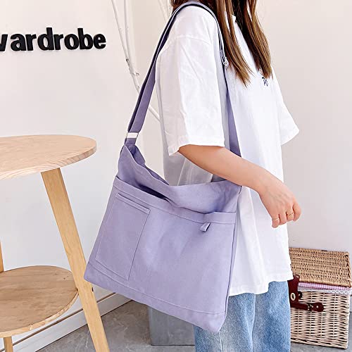 Image of Cotton Tote Handbag Women Canvas Crossbody Beach Bag Hobo Shoulder Tote Bag with 3 External Pocket,Zipper Closure