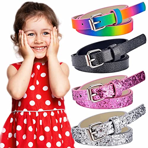 Pinra Belts For Girls 4 Pack Kids Girls Leather Waist Belt Skinny Dress Belt Shiny Waistband Belt Gift Rainbow Black Silver Pink S 25" To 29" #TOP4