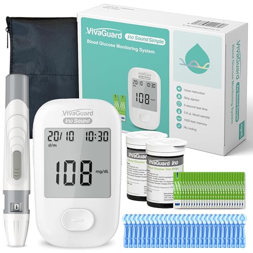 Blood Glucose Monitor Kit Voice Broadcast,1 Glucose Meter 1 Lancing Device 100 Glucometer Strips 100 30G Lancets,Blood Sugar Diabetes Testing Kit for Home use with Carrying Case,No Coding