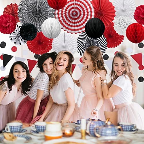 Image of 23Pcs Red Black Party Decorations with Hanging Paper Fans Honeycomb Balls