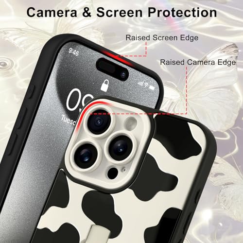 Image of for iPhone 15 Pro Max Case with Finger Strap Holder, Cute Cool Cow Print Pattern Design for Women Men, Shockproof Anti Scratch Hand Kickstand Protective Cover, White
