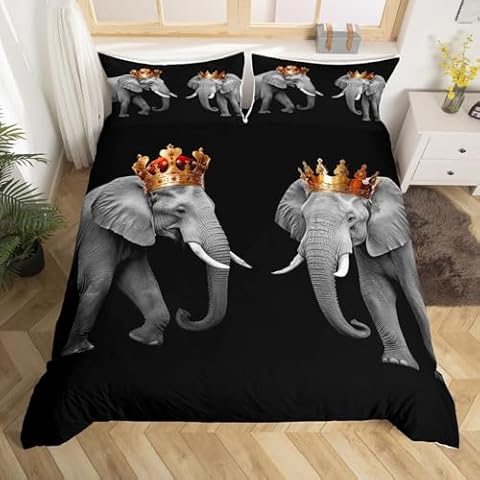 Homewish Elephant Couple Duvet Cover Queen Size,3D African Tropical Wild Animal Duvet Cover Set for Children Adult,Golden King and Queen Crown Soft Comforter Cover for Dorm Room, Zipper, Ties Cover