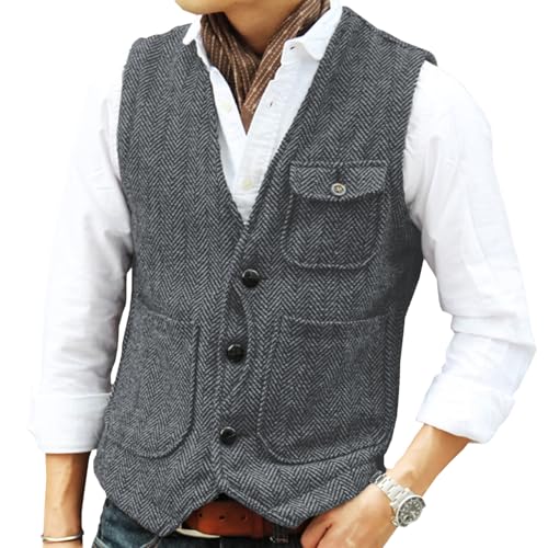 Bylunta Casual Mens Vests Tweed Waistcoats Herringbone Retro Workwear Vintage Wedding Wool cover