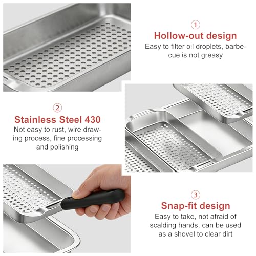 Halorin Grillkorb Set mit 3 Edelstahl-Körben, Serviertablett und Universalgriff, Perforierte Grillschale und Gemüsekorb als Vielseitiges BBQ Grill-Zubehör für Fisch, Grillschalen für Gasgrill