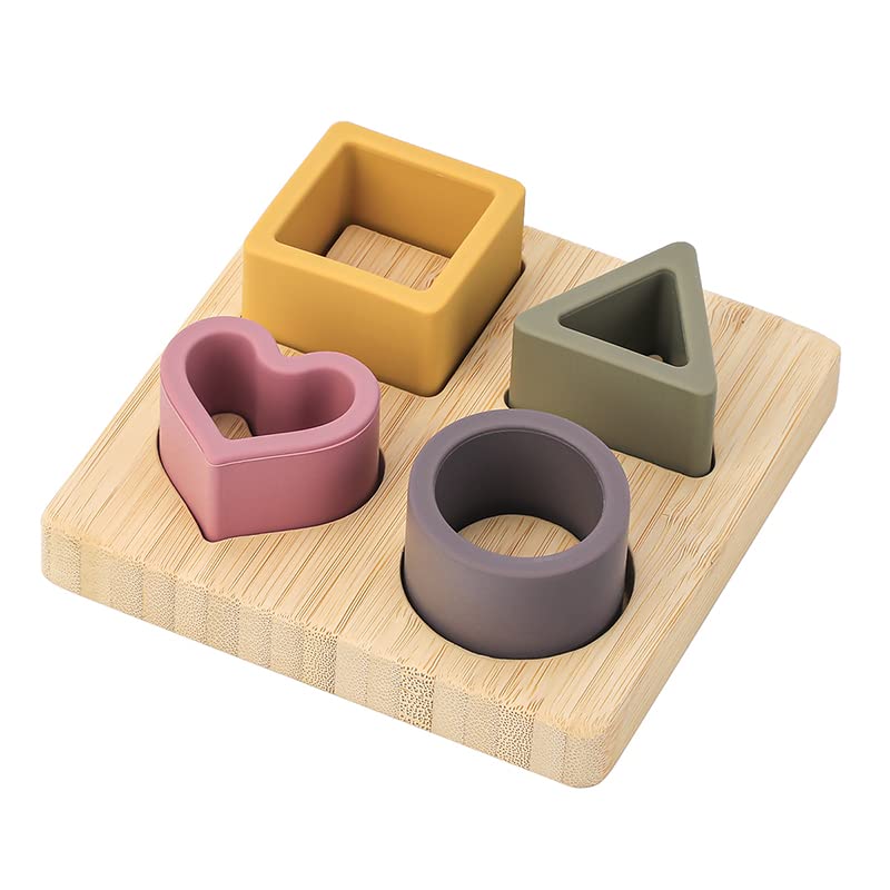 Little Ones Baby Steps Big Dreams Soft Silicone & wood Geometric Sorter Toy, Puzzle Shape playset, Preschool learning, shape color recgognition12 * 12 * 4