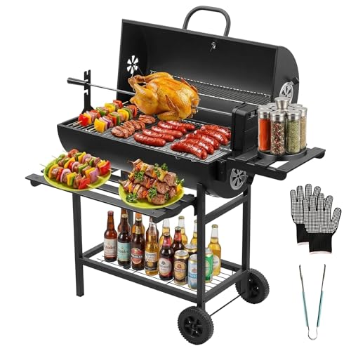 DEWINNER Grill XXL à Charbon de Bois, Acier au Carbone avec Couvercle & Thermomètre, Rôtissoire à Poulet Amovible, Gants Anti-Brûlures et Pince Offerts,...