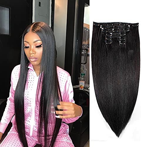 Clip In Human Hair Extensions for Black Women 120g Clip On Real Human Hair, 8 Pieces Silky Straight Double Weft Jet Black ( 22Inch, Human Hair Extensions)