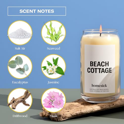 Homesick Scented Candles for Home (Beach Cottage) - Long-Lasting Natural Soy Wax Blend Jar Candle Gifts for Women & Men, 60-80 Hours Burn Time - Notes of Bergamot & Sandalwood - Image 3
