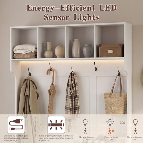 Hall-Tree-with-Bench-and-Shoe-Storage-5-in-1-Entryway-Coat-Rack-with-LED-Sensor-Light-Hooks-and-Storage-Cubes-Shoe-Cabinet-with-Fluted-Door-Modern-Hall-Tree-for-Entryway-Living-Room