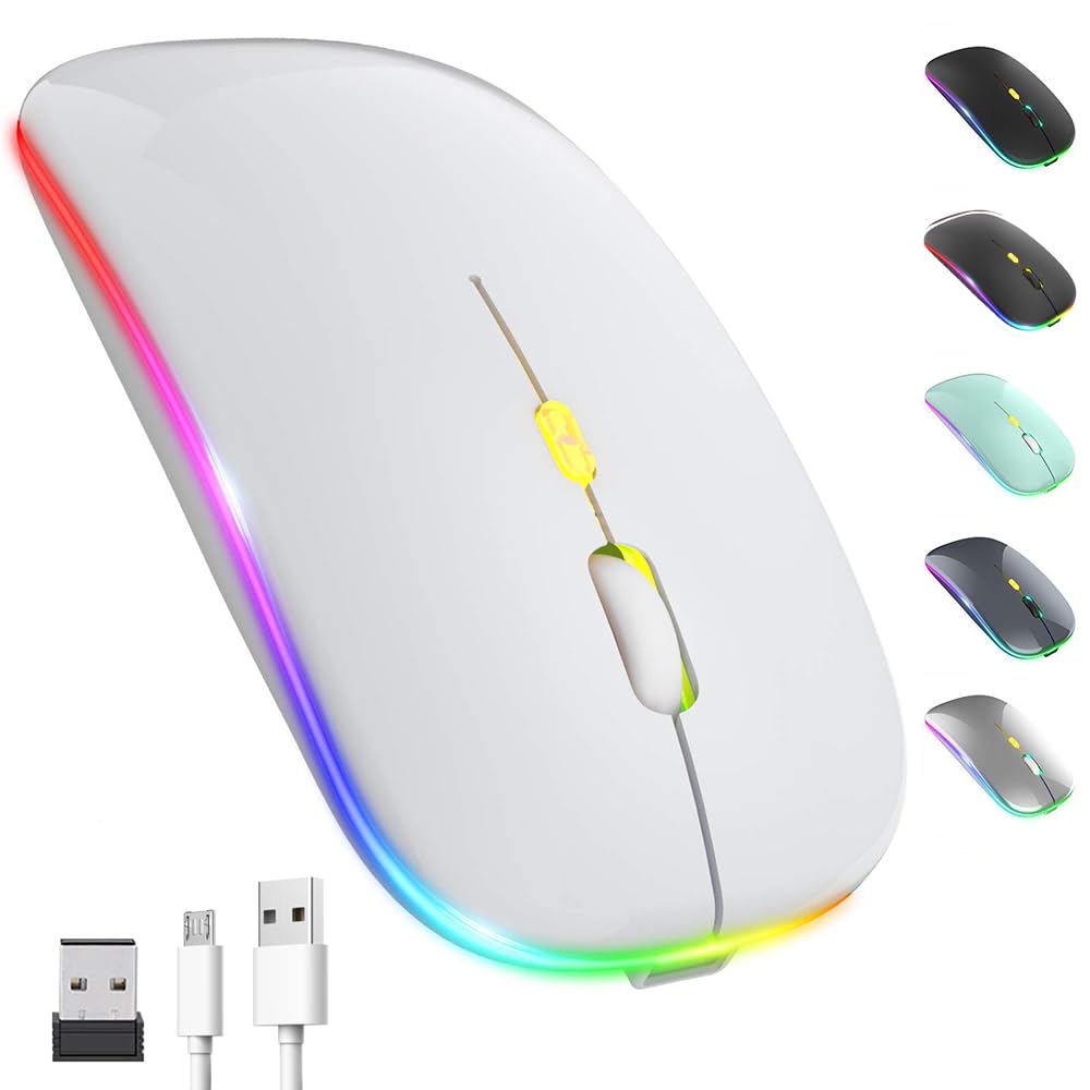 Upgrade LED Wireless Mouse, Rechargeable Slim Silent Mouse 2.4G Portable Wireless Bluetooth Mouse Dual Mode with USB Receiver and Type C Adapter, 3 Adjustable DPI for Notebook, PC, Laptop (White)
