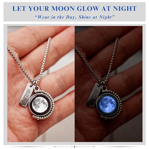 3D Custom Birth Moon Phase Necklace Jewelry with Gift Box - Rotatable Silver Double-Sided Moon Pendant Design, Perfect Jewelry Gift for Special Date, Birthday, Anniversary, Mother’s Day3