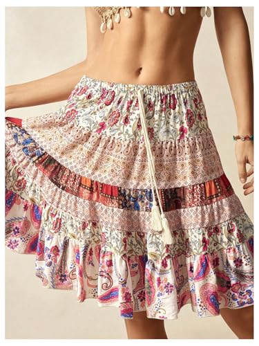Women's Boho Floral Paisley Ruffle Skirts Drawstring Waist Knee Length Flowy Vacation Skirt3