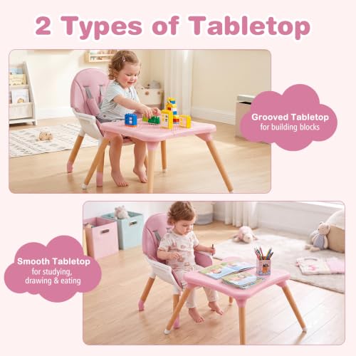 Image of BABY JOY 6 in 1 High Chair, Convertible High Chairs for Babies and Toddlers /Booster Seat /Table and Chair Set, Infant Wooden Highchair w / 5-Point Harness, 4-Position Removable Tray & PU Cushion (Pink)