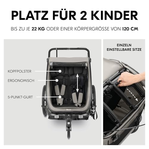 hauck Bike N Walk Duo, Light Grey - 3in1 Fahrradanhänger Komplett Set für 2 Kinder 6M+ bis 22 kg / 120 cm mit Federung, Handbremse, Verstellbare Rückenlehnen, Kofferraum, Inkl. Zubehör