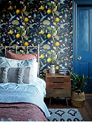 Blooming Wall Blue Bird Fresh Lemon Tree Peel And Stick Wallpaper Removable Self Adhesive Wall Mural Wall Decor, 14.5 Square Ft/Roll (17.7“X118”, Dark Background) #TOP1