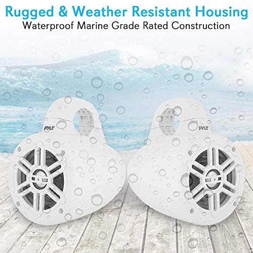 Image of Pyle Waterproof Marine Wakeboard Tower Speakers - 4 Inch Dual Subwoofer Speaker Set with 300 Max Power Output - Boat Audio System Kit w / Titanium Dome Tweeters & Mounting Clamps PLMRWB45W (White)