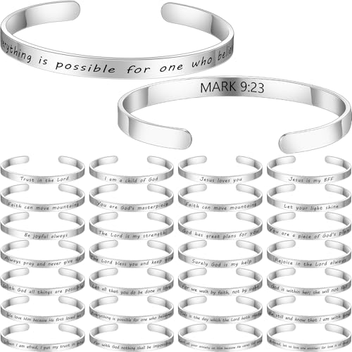 MTLEE 30 Pcs Inspirational Cuff Bracelets Bulk Gifts for Women Motivational Bible Verse Bracelet Silver Personalized