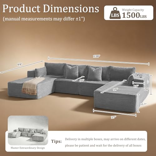 Image of 138 inch Cloud Sectional Couch, Comfort U Shaped Sofa for Living Room, Extra Deep Seats No Assembly, Minimalist Modular Couch, Corduroy (Light Grey, 6 Seats,U-Shape C)