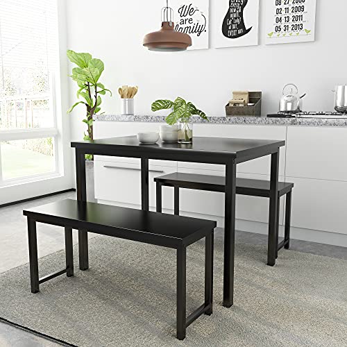 Image of AWQM Dining Room Table Set, Kitchen Table Set with 2 Benches, Ideal for Home, Kitchen and Dining Room, Breakfast Table of 47.2x28.7x29.5 inches, Benches of 41.3x11.8x17.7 inches, Black