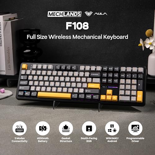 Image of MechLands Aula F108 100% Wireless Gaming Keyboard, Full Size Custom Gasket Mechanical Keyboard, 4000mAh Battery, Programmable 108 Keys, Hot-Swappable, for Win /Mac (Grey&Yellow)